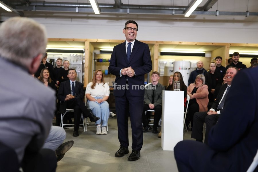 16/10/2026. Motherwell, United Kingdom. Prime Minister Andy Burnham delivers a speech during his visit to New College Lanarkshire with Douglas Alexander, Secretary of State for Scotland