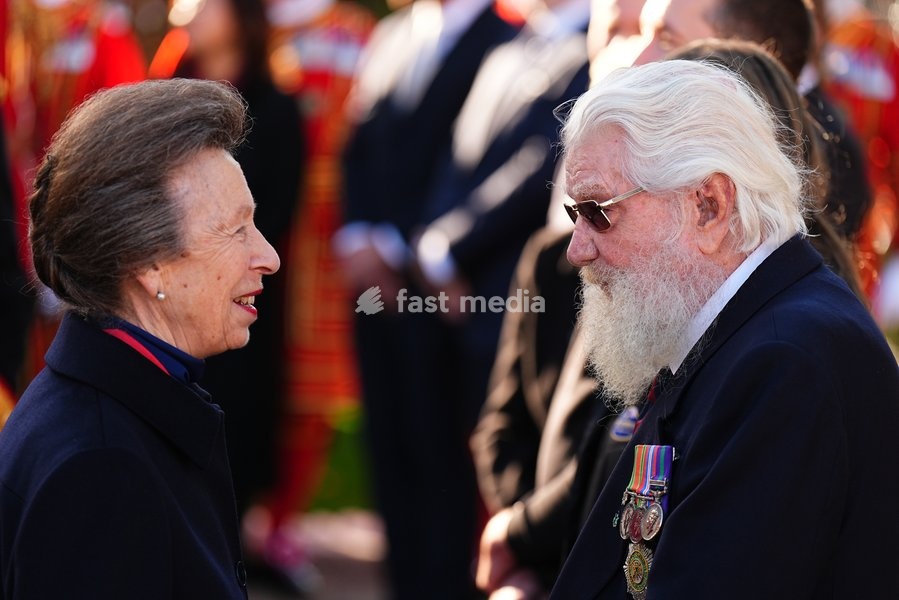 The Princess Royal, Senior Colonel of the Foot Guards, speaking to John Barber, who served with the Irish Guards from 1944 to 1948, as she attends the Household Cavalry's centenary dedication of the Guards Memorial, at Horse Guards Parade, central London. Picture date: Friday October 16, 2026