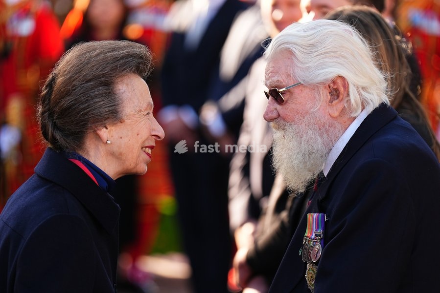 The Princess Royal, Senior Colonel of the Foot Guards, speaking to John Barber, who served with the Irish Guards from 1944 to 1948, as she attends the Household Cavalry's centenary dedication of the Guards Memorial, at Horse Guards Parade, central London. Picture date: Friday October 16, 2026