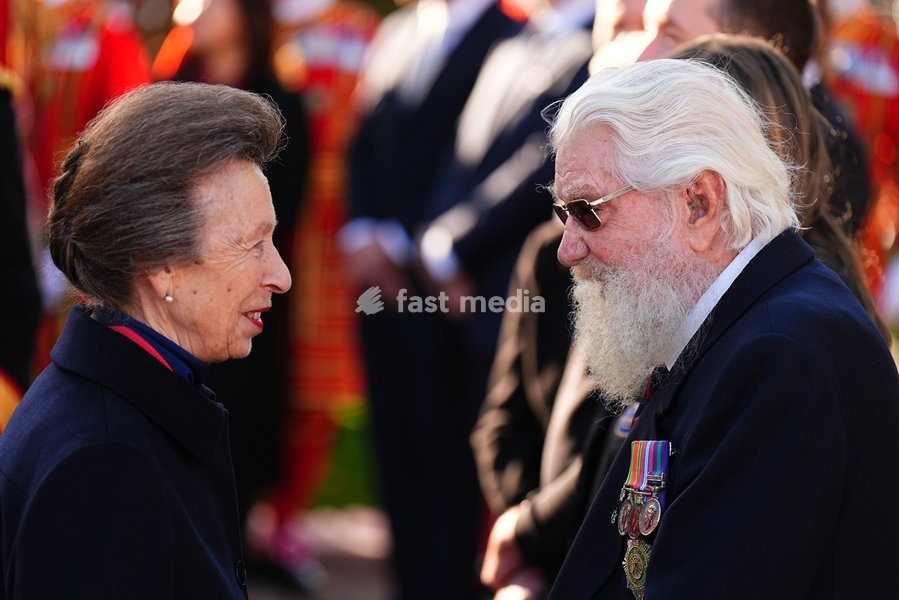 The Princess Royal, Senior Colonel of the Foot Guards, speaking to John Barber, who served with the Irish Guards from 1944 to 1948, as she attends the Household Cavalry's centenary dedication of the Guards Memorial, at Horse Guards Parade, central London. Picture date: Friday October 16, 2026
