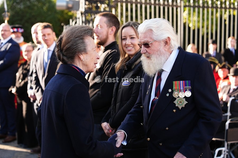 The Princess Royal, Senior Colonel of the Foot Guards, speaking to John Barber, who served with the Irish Guards from 1944 to 1948, as she attends the Household Cavalry's centenary dedication of the Guards Memorial, at Horse Guards Parade, central London. Picture date: Friday October 16, 2026