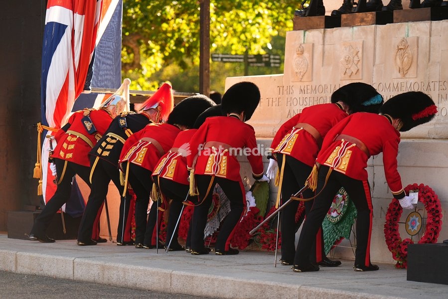 Wreaths are laid during the Household Cavalry's centenary dedication of the Guards Memorial, at Horse Guards Parade, central London. Picture date: Friday October 16, 2026