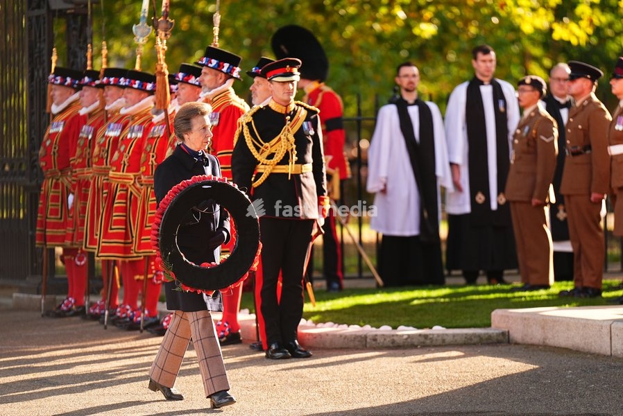 The Princess Royal, Senior Colonel of the Foot Guards, lays a wreath as she attends the Household Cavalry's centenary dedication of the Guards Memorial, at Horse Guards Parade, central London. Picture date: Friday October 16, 2026