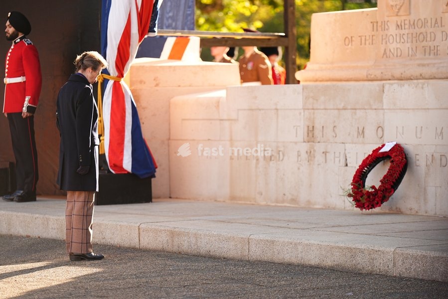 The Princess Royal, Senior Colonel of the Foot Guards, lays a wreath as she attends the Household Cavalry's centenary dedication of the Guards Memorial, at Horse Guards Parade, central London. Picture date: Friday October 16, 2026