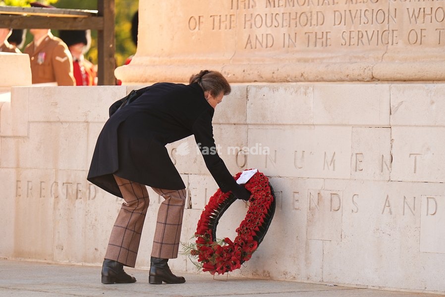 The Princess Royal, Senior Colonel of the Foot Guards, lays a wreath as she attends the Household Cavalry's centenary dedication of the Guards Memorial, at Horse Guards Parade, central London. Picture date: Friday October 16, 2026