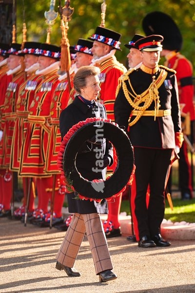 The Princess Royal, Senior Colonel of the Foot Guards, lays a wreath as she attends the Household Cavalry's centenary dedication of the Guards Memorial, at Horse Guards Parade, central London. Picture date: Friday October 16, 2026