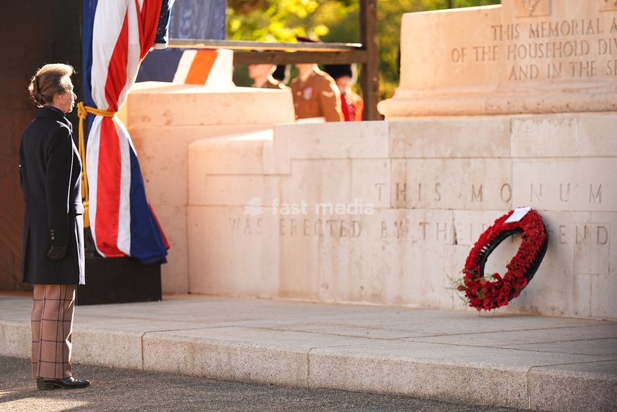 The Princess Royal, Senior Colonel of the Foot Guards, lays a wreath as she attends the Household Cavalry's centenary dedication of the Guards Memorial, at Horse Guards Parade, central London. Picture date: Friday October 16, 2026