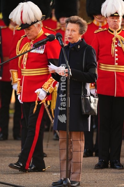 The Princess Royal, Senior Colonel of the Foot Guards, attending the Household Cavalry's centenary dedication of the Guards Memorial, at Horse Guards Parade, central London. Picture date: Friday October 16, 2026
