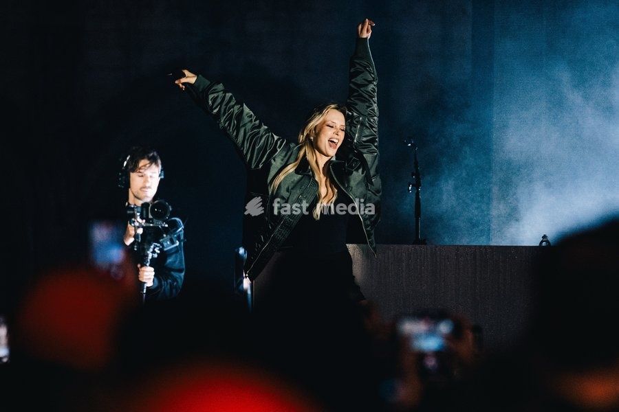 Belgian singer Angèle pictured during the "Angele Instinct Release Party", a surprise party organized by the Brussels singer to celebrate the release of her album "Instinct" at the Grote Markt/ Grand Place, in Brussels, Friday 16 October 2026
