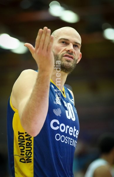 Oostende's Pierre-Antoine Gillet gestures during a basketball match between Brussels and Oostende, Friday 16 October 2026 in Brussels, on day 3 of the 'BNXT League' Belgian and Dutch first division basket championship