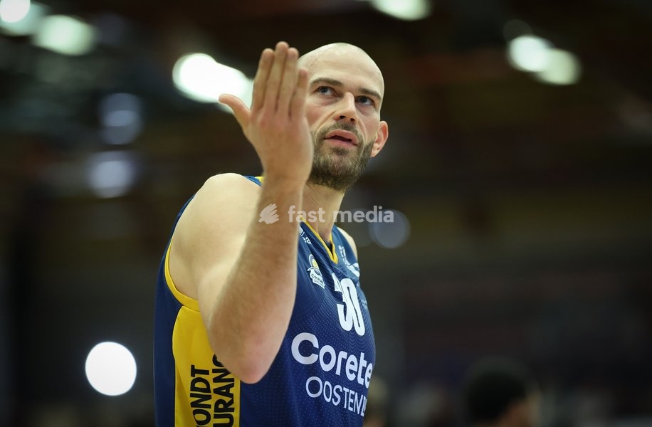 Oostende's Pierre-Antoine Gillet gestures during a basketball match between Brussels and Oostende, Friday 16 October 2026 in Brussels, on day 3 of the 'BNXT League' Belgian and Dutch first division basket championship