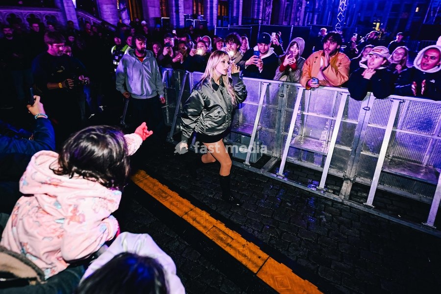 Belgian singer Angèle pictured during the "Angele Instinct Release Party", a surprise party organized by the Brussels singer to celebrate the release of her album "Instinct" at the Grote Markt/ Grand Place, in Brussels, Friday 16 October 2026