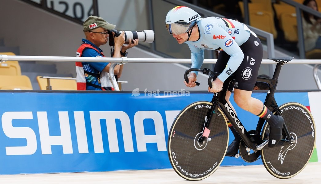 Belgian Lowie Nulens pictured in action at the Men's sprint event at the UCI Track Cycling World Championships in Shanghai, China on Saturday 17 October 2026. The worlds are taking place from 14 to 18 October 2026