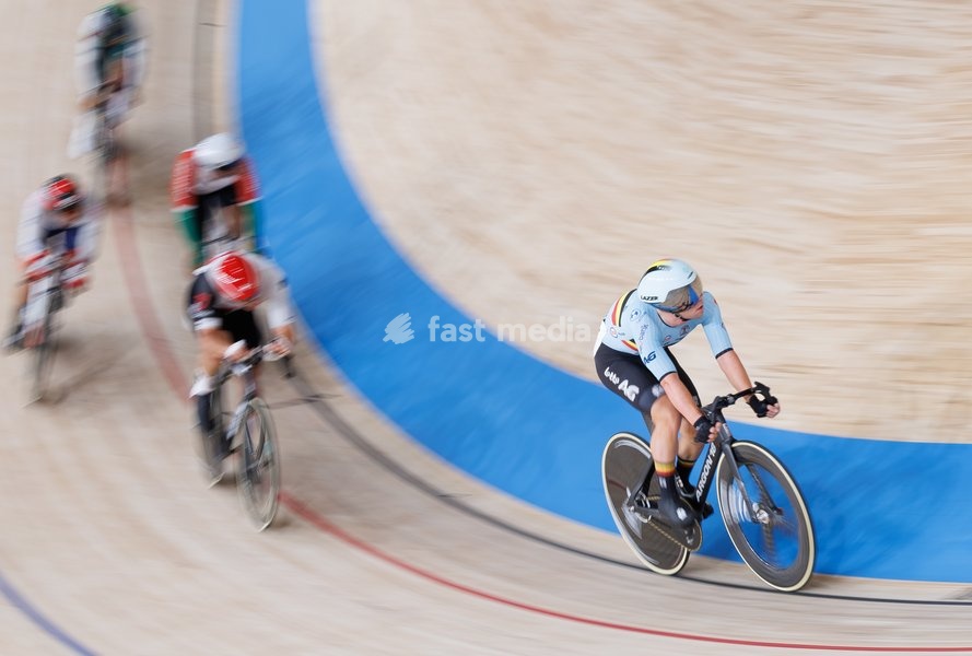 Belgian Fabio Van den Bossche rides on a bike during the Men's omnium event at the UCI Track Cycling World Championships in Shanghai, China on Saturday 17 October 2026. The worlds are taking place from 14 to 18 October 2026