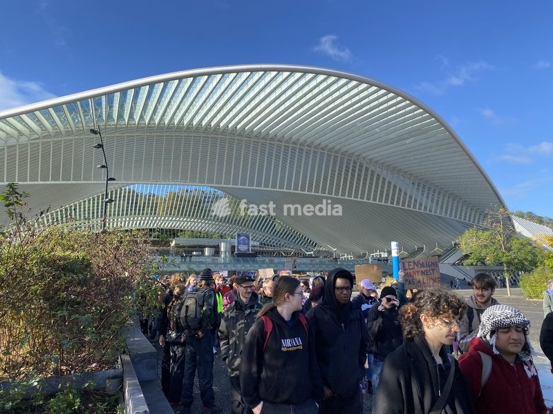 This image shows youths gather for a protest action at the station in Liege on Saturday 17 October 2026