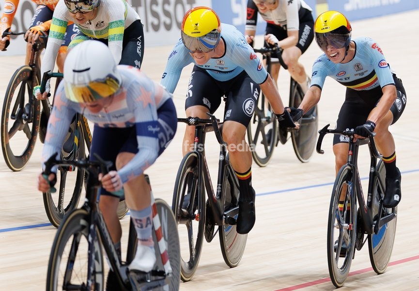 Belgian Lotte Kopecky and Belgian Shari Bossuyt ride on a bike during the Women's Madison event at the UCI Track Cycling World Championships in Shanghai, China on Saturday 17 October 2026. The worlds are taking place from 14 to 18 October 2026