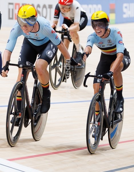 Belgian Lotte Kopecky and Belgian Shari Bossuyt ride on a bike during the Women's Madison event at the UCI Track Cycling World Championships in Shanghai, China on Saturday 17 October 2026. The worlds are taking place from 14 to 18 October 2026