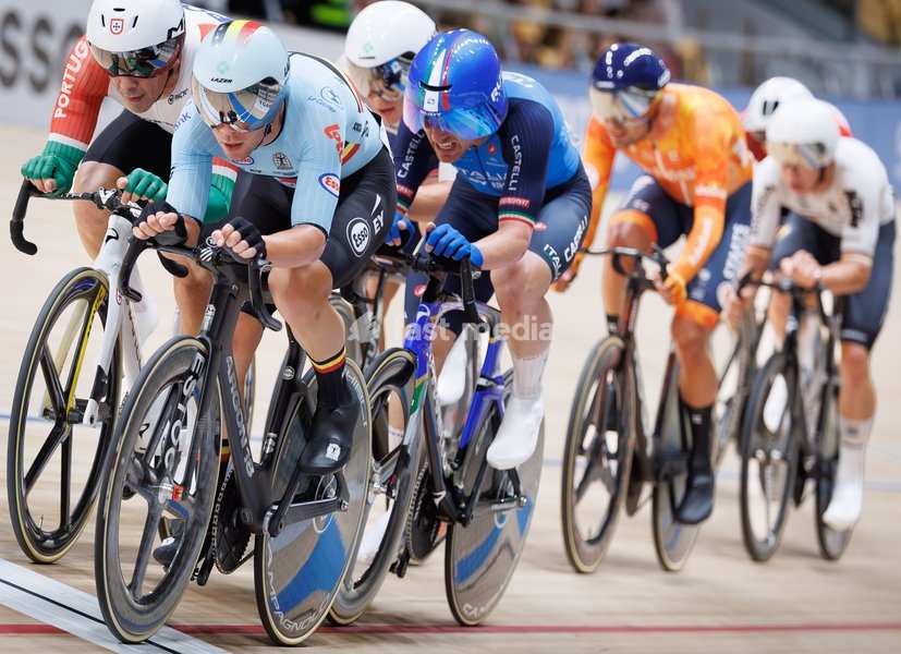 Belgian Fabio Van den Bossche rides on a bike during the Men's omnium event at the UCI Track Cycling World Championships in Shanghai, China on Saturday 17 October 2026. The worlds are taking place from 14 to 18 October 2026