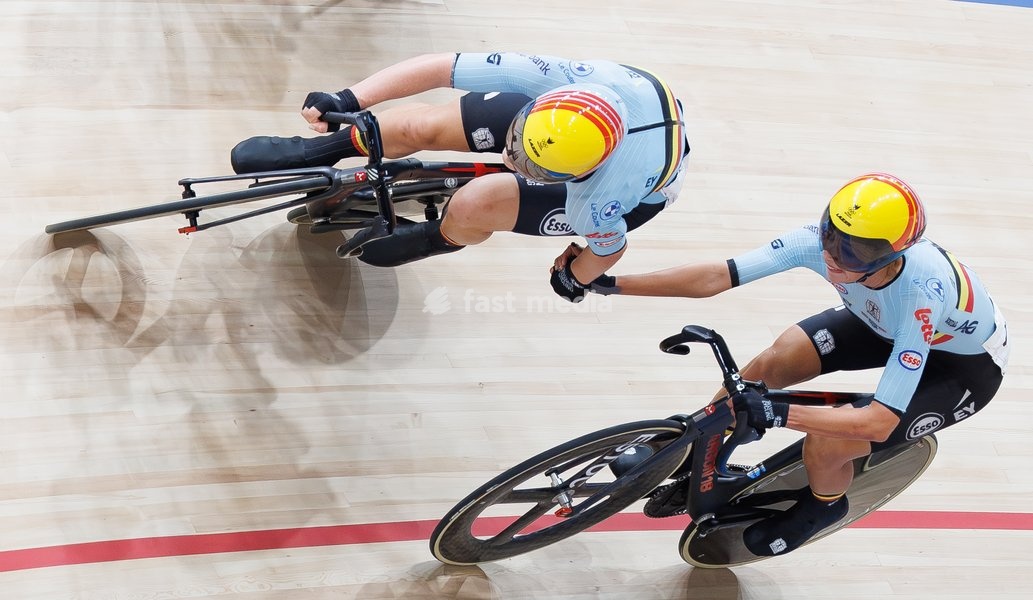 Belgian Lotte Kopecky and Belgian Shari Bossuyt ride on a bike during the Women's Madison event at the UCI Track Cycling World Championships in Shanghai, China on Saturday 17 October 2026. The worlds are taking place from 14 to 18 October 2026