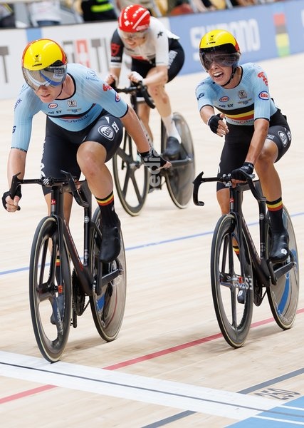 Belgian Lotte Kopecky and Belgian Shari Bossuyt ride on a bike during the Women's Madison event at the UCI Track Cycling World Championships in Shanghai, China on Saturday 17 October 2026. The worlds are taking place from 14 to 18 October 2026