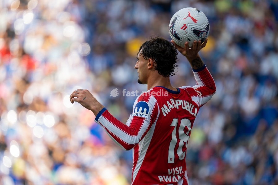 Marc Pubill of Atletico de Madrid during the LaLiga EA Sports matchday 9 fixture between RCD Espanyol and Atletico de Madrid at RCDE Stadium on October 17, 2026, in Barcelona, Spain