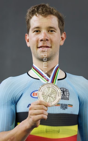 Belgian Fabio Van den Bossche winner of the silver medal pictured on the podium of the Men's omnium event at the UCI Track Cycling World Championships in Shanghai, China on Saturday 17 October 2026. The worlds are taking place from 14 to 18 October 2026