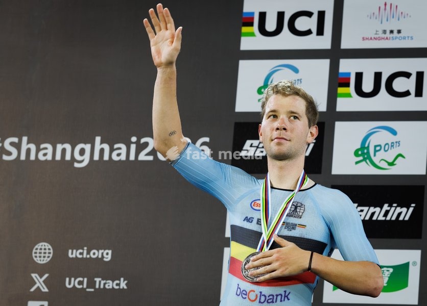 Belgian Fabio Van den Bossche winner of the silver medal pictured on the podium of the Men's omnium event at the UCI Track Cycling World Championships in Shanghai, China on Saturday 17 October 2026. The worlds are taking place from 14 to 18 October 2026
