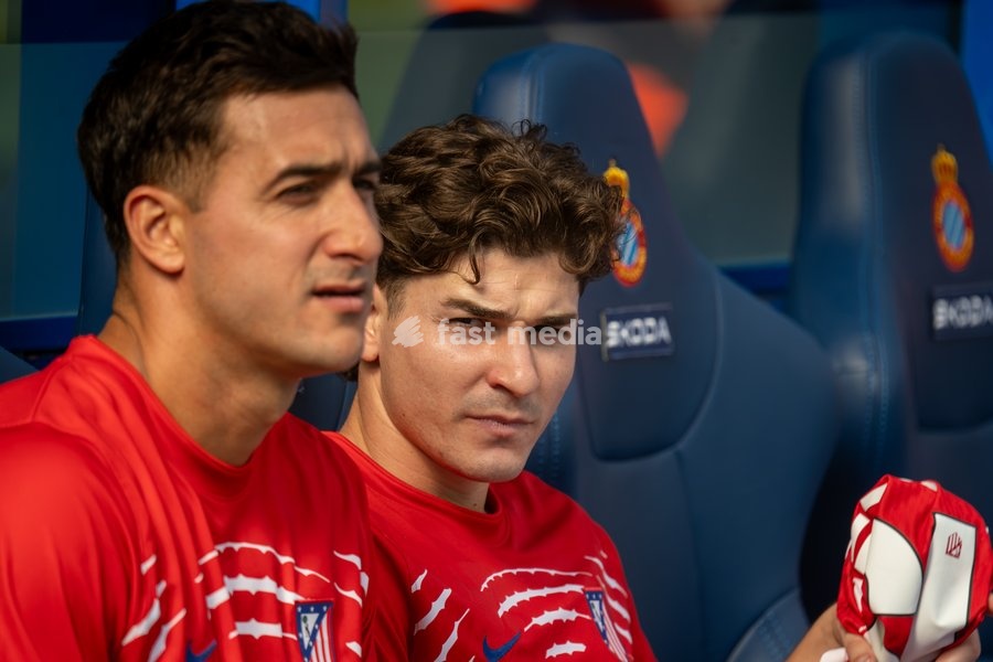 Julian Alvarez of Club Atletico de Madrid looks on from the substitute bench after starting as a substitute during the LALIGA EA SPORTS match between RCD Espanyol and Club Atletico de Madrid at RCDE Stadium on October 17, 2026 in Cornella de Llobregat, Spain