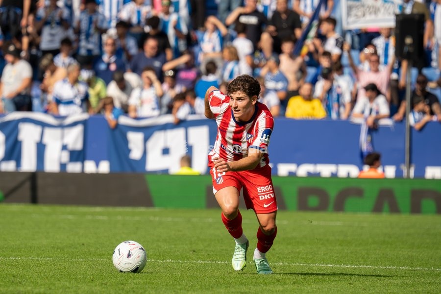 Julián Álvarez of Atletico de Madrid reacts during the LaLiga EA Sports matchday 9 fixture at RCDE Stadium on October 17, 2026, in Barcelona, Spain