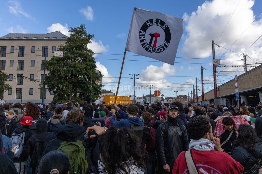This image shows antifasciste flag during youths gather for a protest action in Brussels on Saturday 17 October 2026
