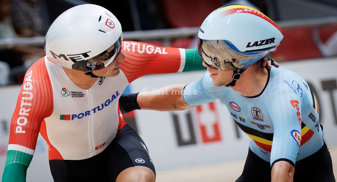 Portuguese Luri Leitao winner of the gold medal and Belgian Fabio Van den Bossche winner of the silver medal celebrate at the Men's omnium event at the UCI Track Cycling World Championships in Shanghai, China on Saturday 17 October 2026. The worlds are taking place from 14 to 18 October 2026