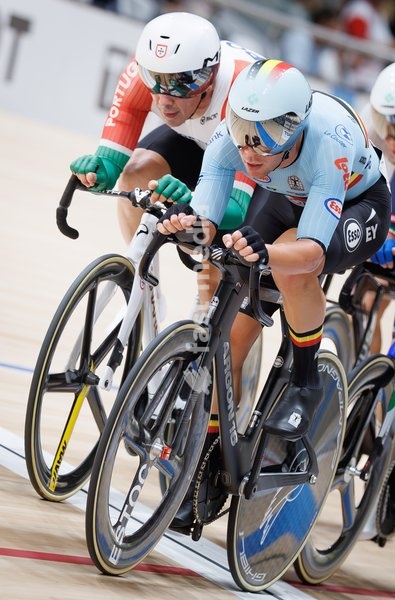 Portuguese Luri Leitao winner of the gold medal and Belgian Fabio Van den Bossche winner of the silver medal ride during the Men's omnium event at the UCI Track Cycling World Championships in Shanghai, China on Saturday 17 October 2026. The worlds are taking place from 14 to 18 October 2026