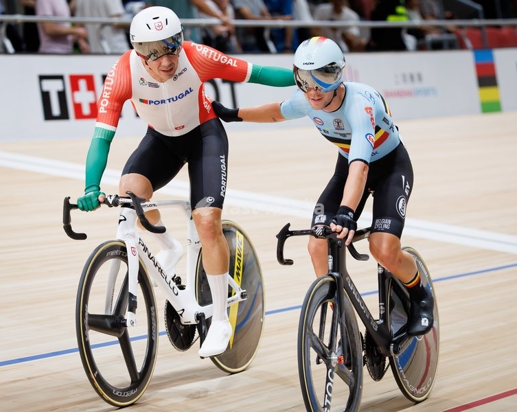 Portuguese Luri Leitao winner of the gold medal and Belgian Fabio Van den Bossche winner of the silver medal celebrate at the Men's omnium event at the UCI Track Cycling World Championships in Shanghai, China on Saturday 17 October 2026. The worlds are taking place from 14 to 18 October 2026