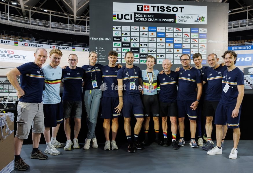 Belgian Fabio Van den Bossche poses with his team after the podium ceremony of the Men's omnium event at the UCI Track Cycling World Championships in Shanghai, China on Saturday 17 October 2026. The worlds are taking place from 14 to 18 October 2026