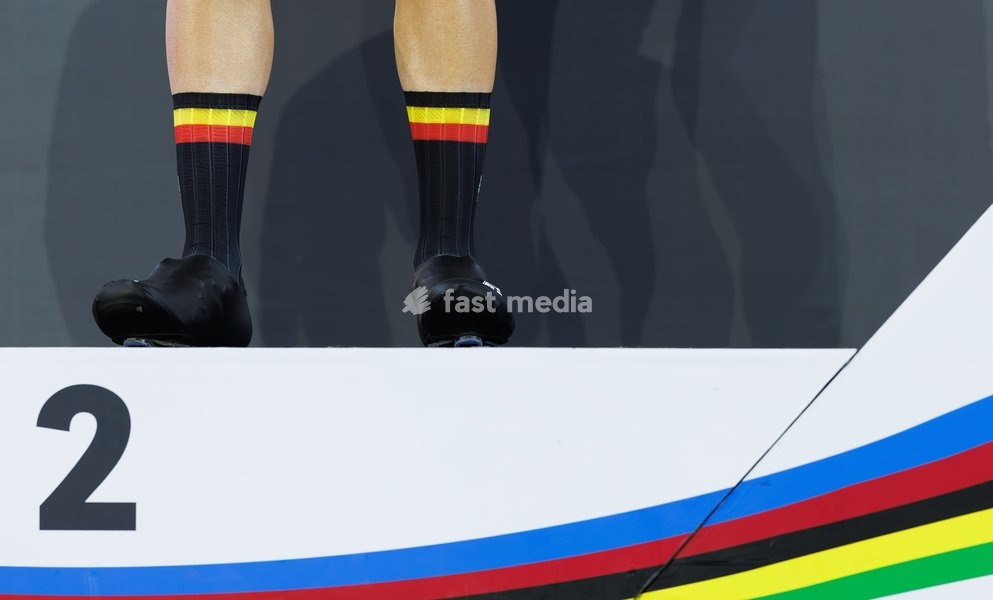 Belgian Fabio Van den Bossche celebrates on the podium of the Men's omnium event at the UCI Track Cycling World Championships in Shanghai, China on Saturday 17 October 2026. The worlds are taking place from 14 to 18 October 2026