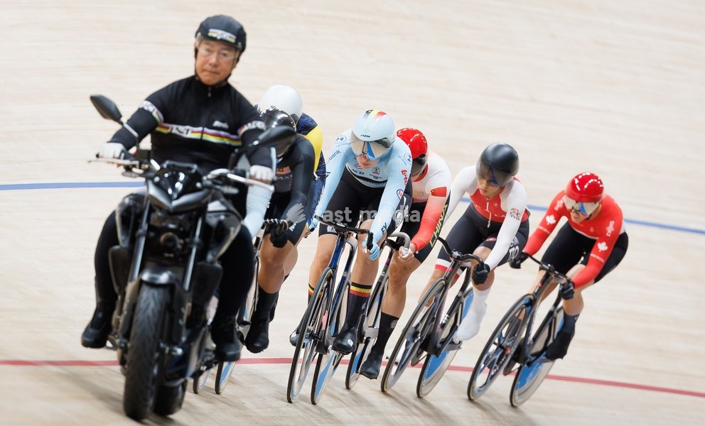 Belgian Zita Gheysens rides on a bike during the Women’s Keirin event at the UCI Track Cycling World Championships in Shanghai, China on Sunday 18 October 2026. The worlds are taking place from 14 to 18 October 2026