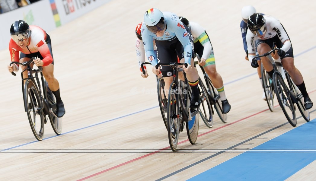 Belgian Nicky Degrendele rides on a bike during the Women’s Keirin event at the UCI Track Cycling World Championships in Shanghai, China on Sunday 18 October 2026. The worlds are taking place from 14 to 18 October 2026