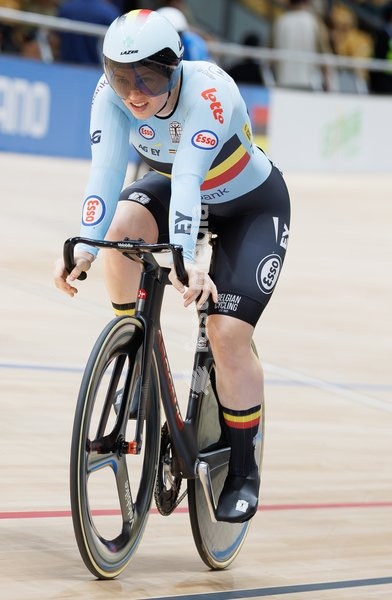 Belgian Nicky Degrendele rides on a bike during the Women’s Keirin event at the UCI Track Cycling World Championships in Shanghai, China on Sunday 18 October 2026. The worlds are taking place from 14 to 18 October 2026
