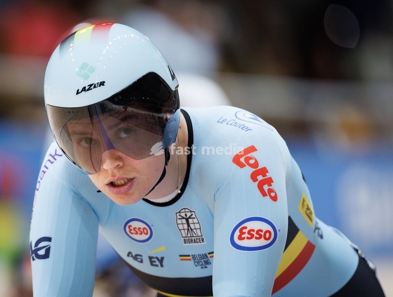 Belgian Nicky Degrendele rides on a bike during the Women’s Keirin event at the UCI Track Cycling World Championships in Shanghai, China on Sunday 18 October 2026. The worlds are taking place from 14 to 18 October 2026