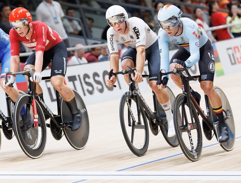 Danish Tobias Hansen, German Tim Torn Teutenberg and Belgian Jules Hesters pictured during the Men’s Elimination Race event at the UCI Track Cycling World Championships in Shanghai, China on Sunday 18 October 2026. The worlds are taking place from 14 to 18 October 2026