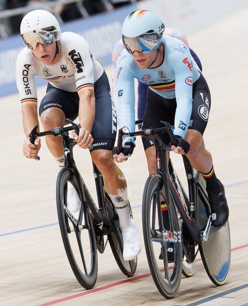 German Tim Torn Teutenberg and Belgian Jules Hesters pictured during the Men’s Elimination Race event at the UCI Track Cycling World Championships in Shanghai, China on Sunday 18 October 2026. The worlds are taking place from 14 to 18 October 2026