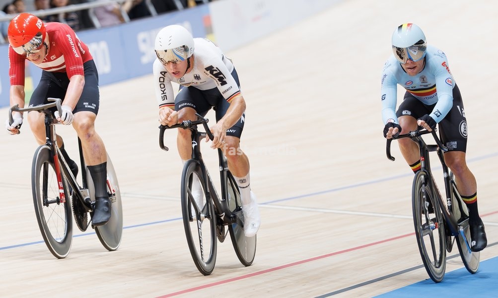 Danish Tobias Hansen, German Tim Torn Teutenberg and Belgian Jules Hesters pictured during the Men’s Elimination Race event at the UCI Track Cycling World Championships in Shanghai, China on Sunday 18 October 2026. The worlds are taking place from 14 to 18 October 2026