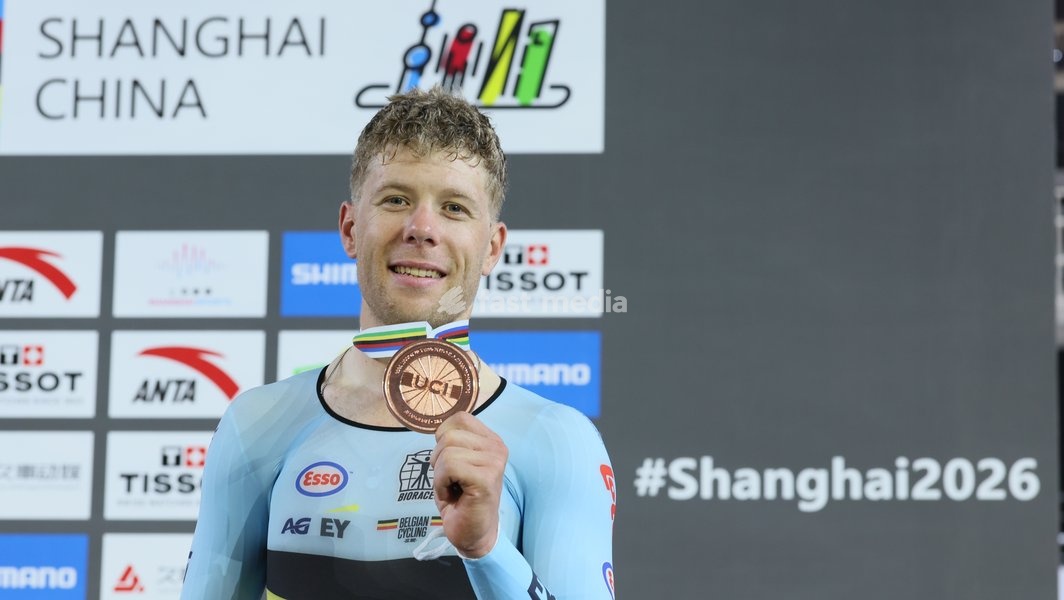 Belgian Jules Hesters celebrates on the podium with the bronze medal at the UCI Track Cycling World Championships in Shanghai, China on Sunday 18 October 2026. The worlds are taking place from 14 to 18 October 2026