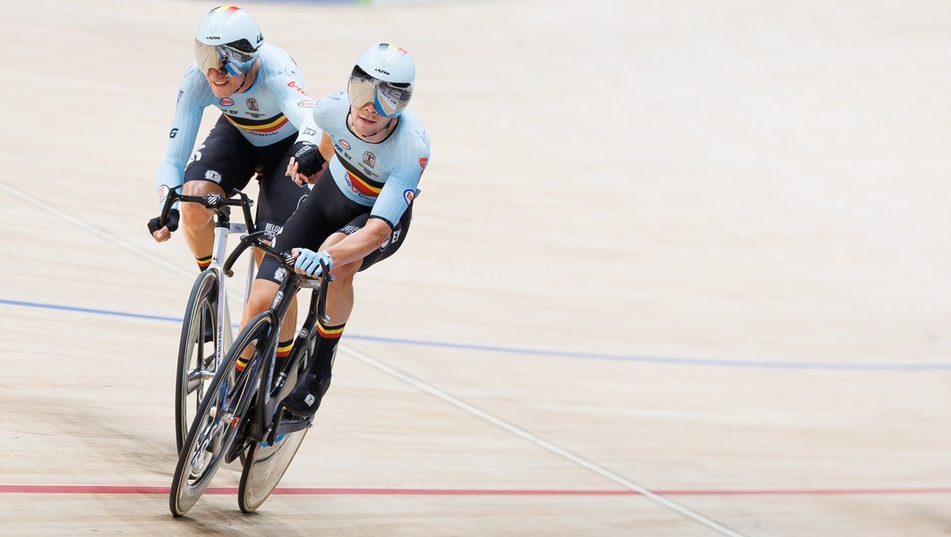 Belgian Lindsay De Vylder and Belgian Fabio Van den Bossche pictured in action during the Madison event at the UCI Track Cycling World Championships in Shanghai, China on Sunday 18 October 2026. The worlds are taking place from 14 to 18 October 2026