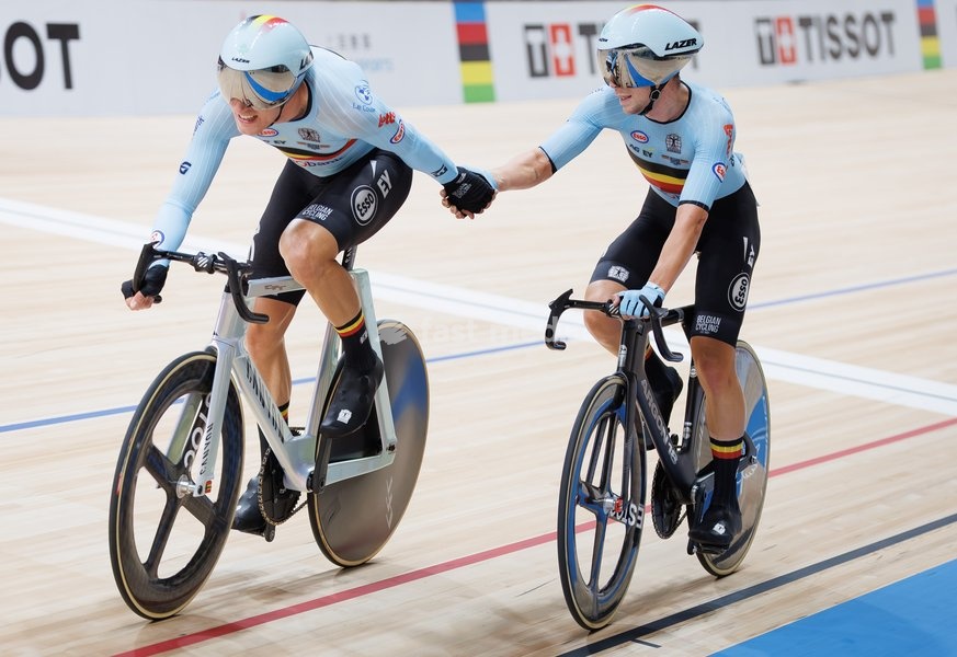 Belgian Lindsay De Vylder and Belgian Fabio Van den Bossche pictured in action during the Madison event at the UCI Track Cycling World Championships in Shanghai, China on Sunday 18 October 2026. The worlds are taking place from 14 to 18 October 2026
