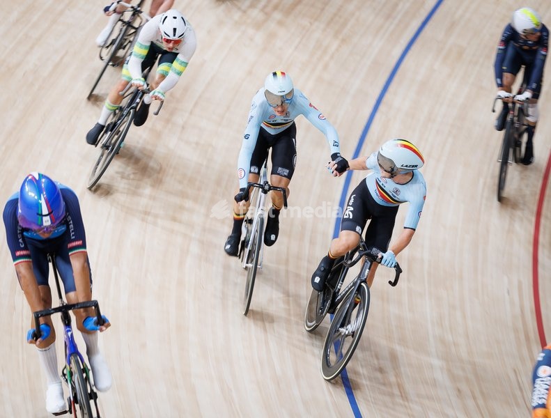 Belgian Lindsay De Vylder and Belgian Fabio Van den Bossche pictured in action during the Madison event at the UCI Track Cycling World Championships in Shanghai, China on Sunday 18 October 2026. The worlds are taking place from 14 to 18 October 2026