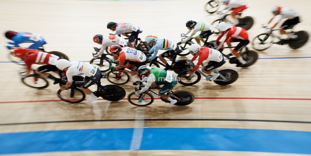 Belgian Jules Hesters (C) pictured in action during the Men’s Elimination Race event at the UCI Track Cycling World Championships in Shanghai, China on Sunday 18 October 2026. The worlds are taking place from 14 to 18 October 2026