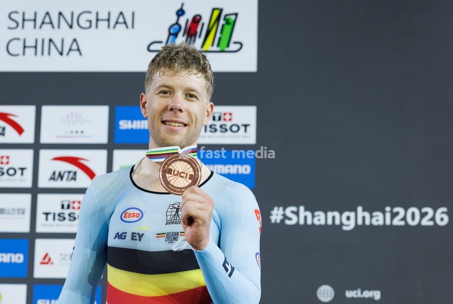 Belgian Jules Hesters, winner of the bronze medal, celebrates on the podium of the Men’s Elimination Race event at the UCI Track Cycling World Championships in Shanghai, China on Sunday 18 October 2026. The worlds are taking place from 14 to 18 October 2026