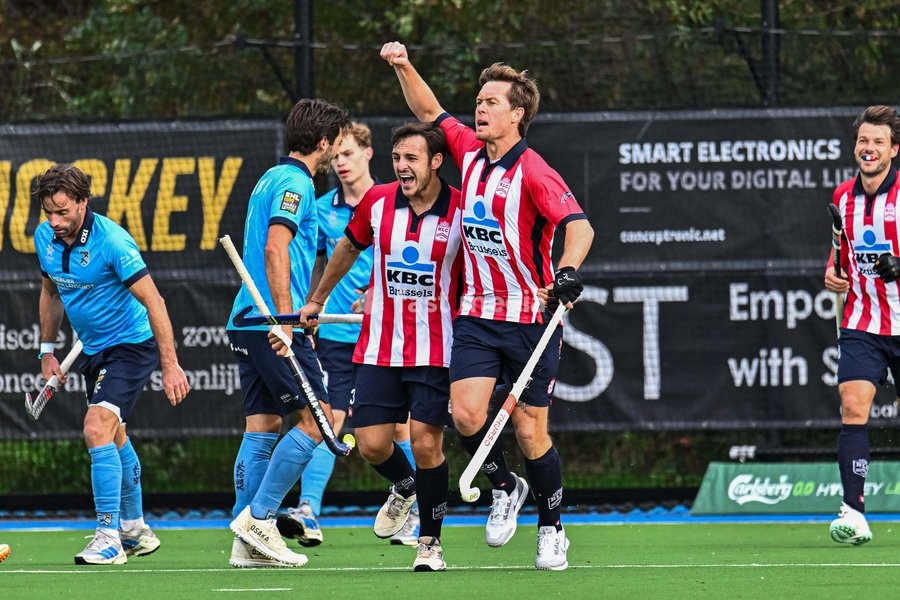 Leopold's Dylan Englebert and Leopold's Tom Boon celebrate after scoring during a hockey game between Braxgata and Leopold, Sunday 18 October 2026 in Boom, on day 6 of the Belgian first division hockey championship
