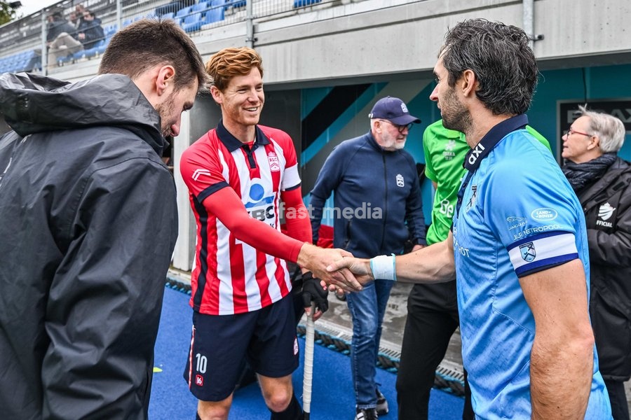Leopold's Gauthier Boccard and Braxgata's Loick Luypaert pictured during a hockey game between Braxgata and Leopold, Sunday 18 October 2026 in Boom, on day 6 of the Belgian first division hockey championship
